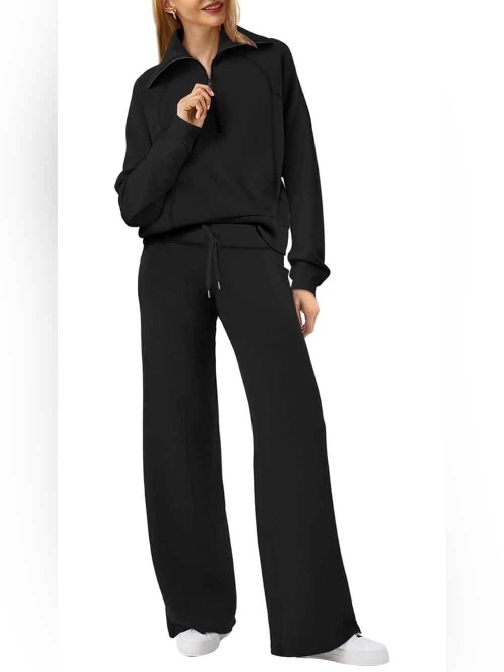 Black Half Zip Sweatshirt Wide Leg Sweatpants Lounge Set Cozy Travel Athleisure